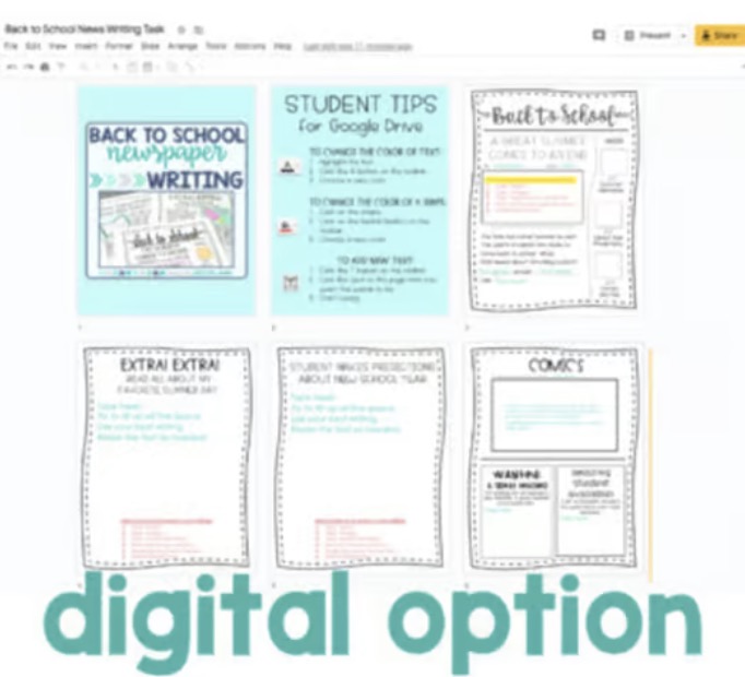 back to school newspaper writing activity digital option 